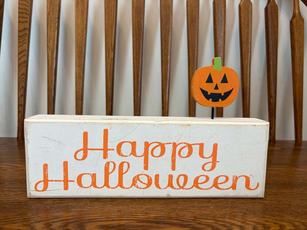 Happy Halloween Wooden Shelf Sitter Block Sign with Pumpkin Decor